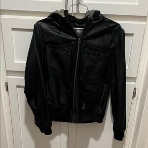Topman Black Hooded Bomber Jacket! S little 
Discolored on hood!